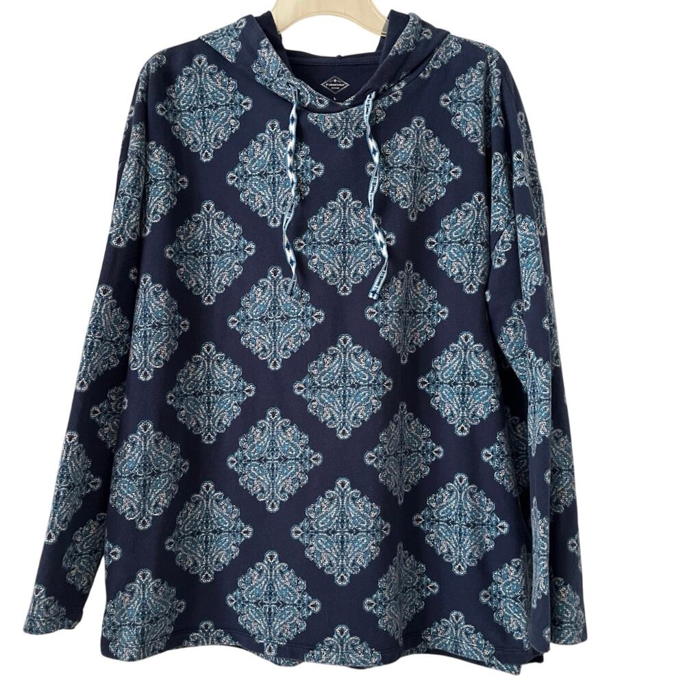 St. John's Bay Medallion Hoodie Womens Size L Blue Paisley Jacket Layer Casual